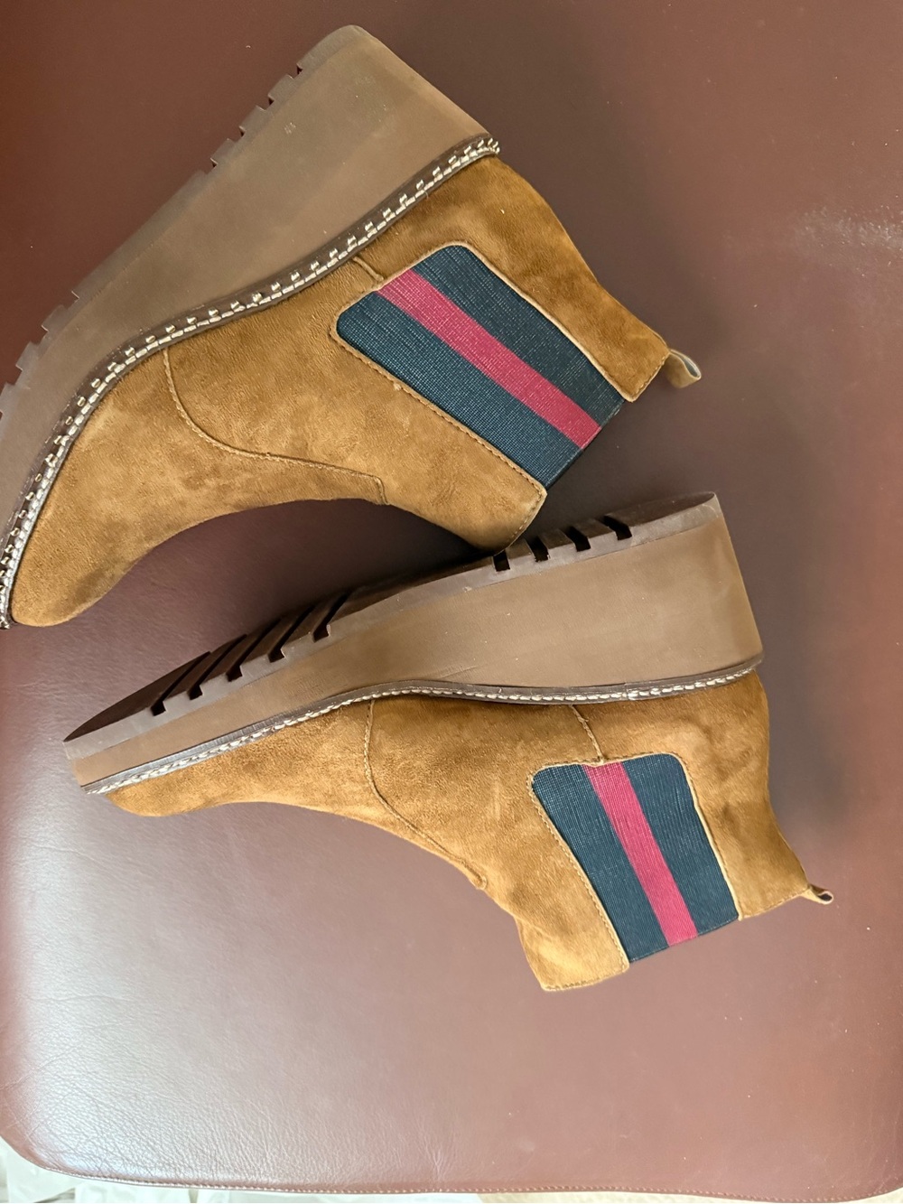 CECILIA NEW YORK Taupe Suede Chelsea Wedge Booties with Contrast Elastic